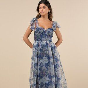 NWT- Lulus Exceptionally Marvelous Blue Floral Organza Bustier Midi Dress - XL